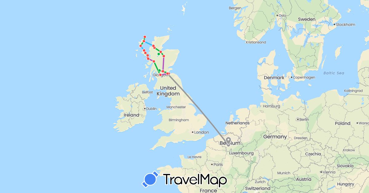 TravelMap itinerary: bus, plane, train, hiking, boat in Belgium, United Kingdom (Europe)