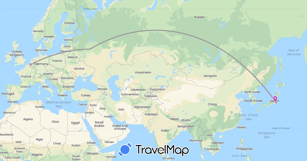 TravelMap itinerary: driving, plane, train in Belgium, Japan, Russia (Asia, Europe)
