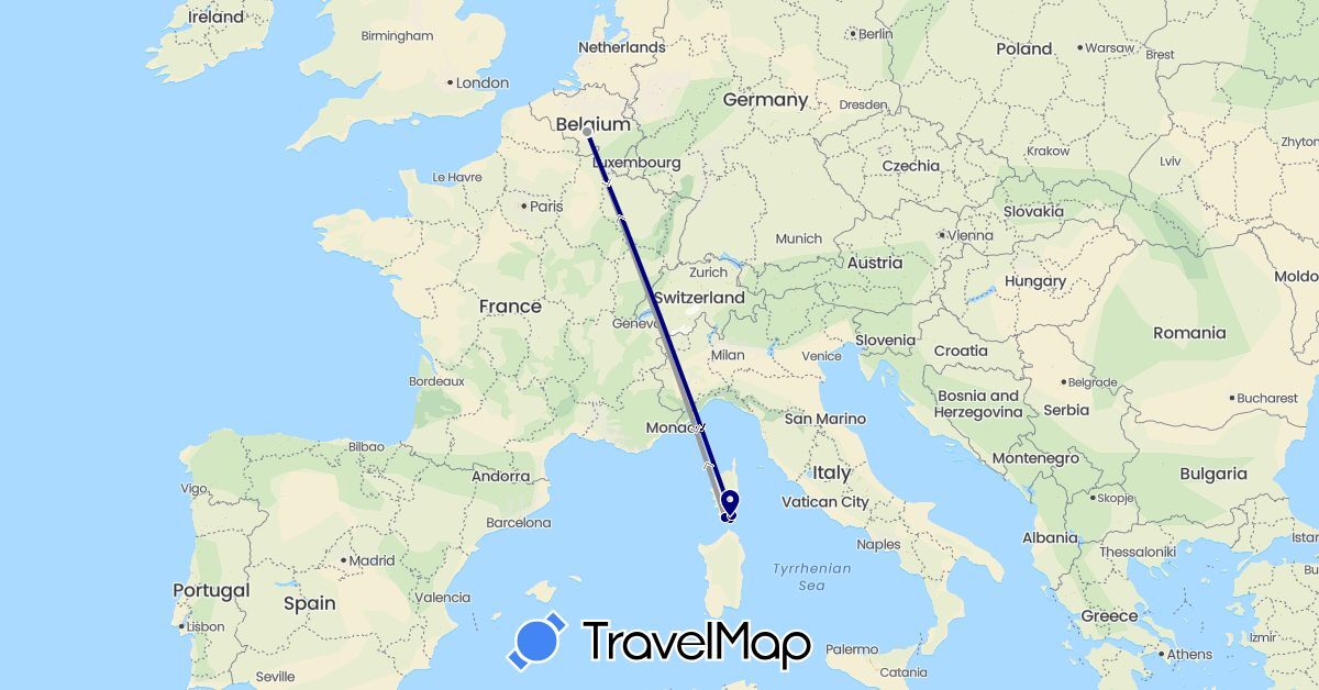 TravelMap itinerary: driving, plane in Belgium, France (Europe)