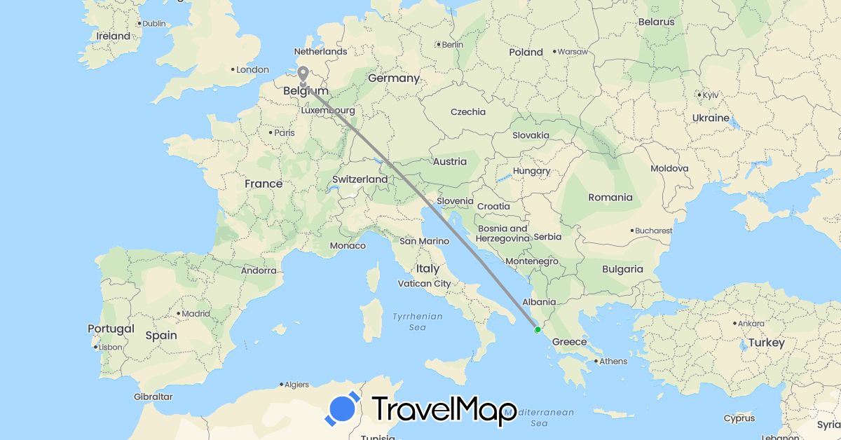 TravelMap itinerary: bus, plane in Belgium, Greece (Europe)